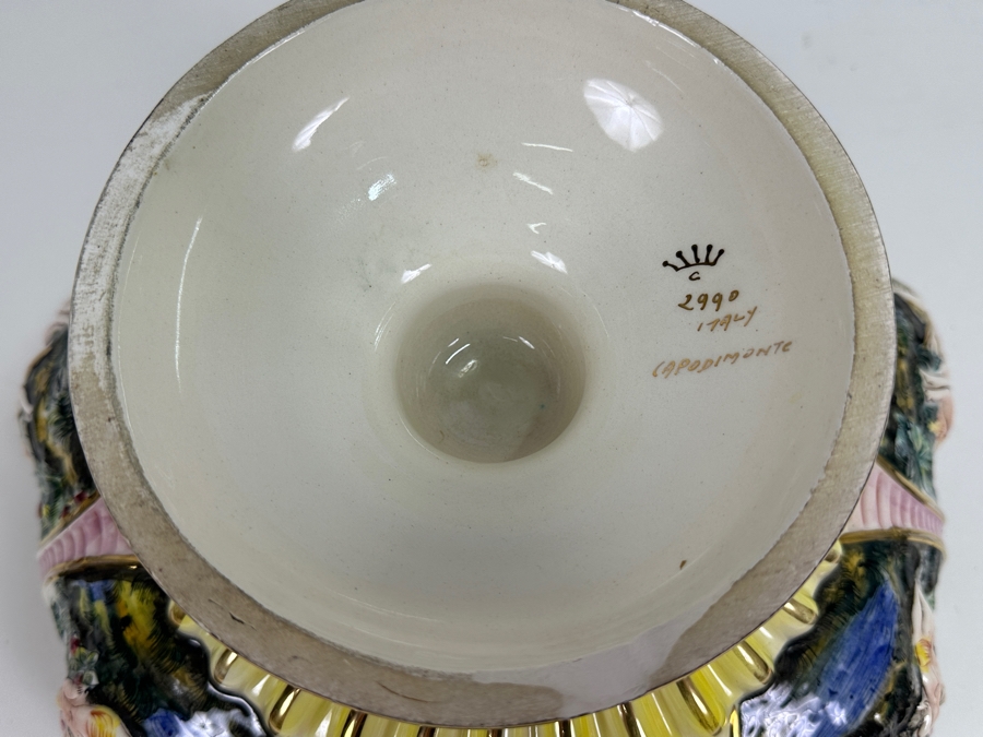 Large Vintage Signed Italian Capodimonte Footed Porcelain Hand Painted Pedestal Bowl 13.5W X 7H Slight Chip On Bottom Of Base [Photo 14]