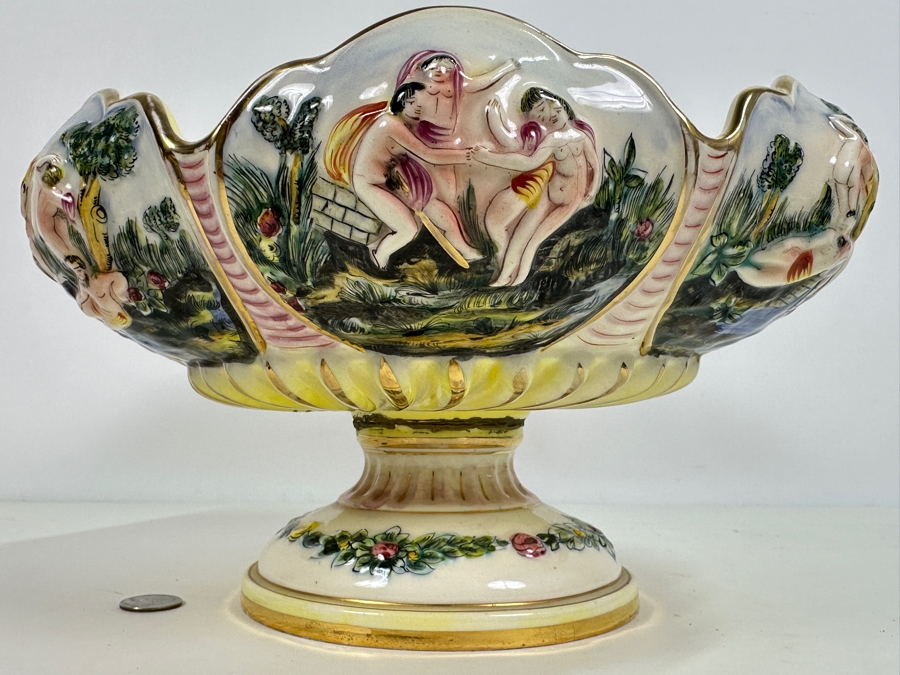 Large Vintage Signed Italian Capodimonte Footed Porcelain Hand Painted Pedestal Bowl 13.5W X 7H Slight Chip On Bottom Of Base [Photo 4]
