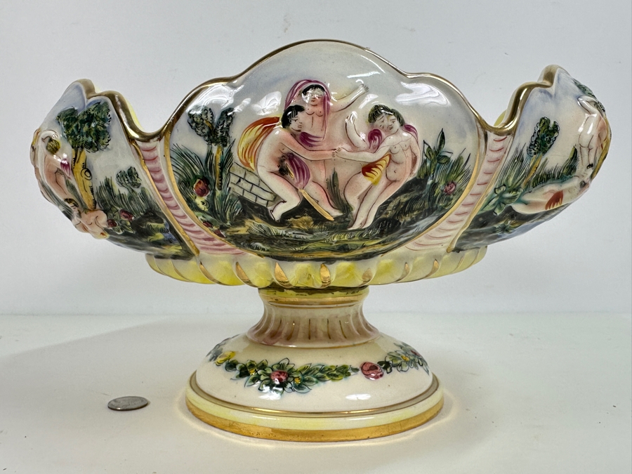 Large Vintage Signed Italian Capodimonte Footed Porcelain Hand Painted Pedestal Bowl 13.5W X 7H Slight Chip On Bottom Of Base [Photo 3]