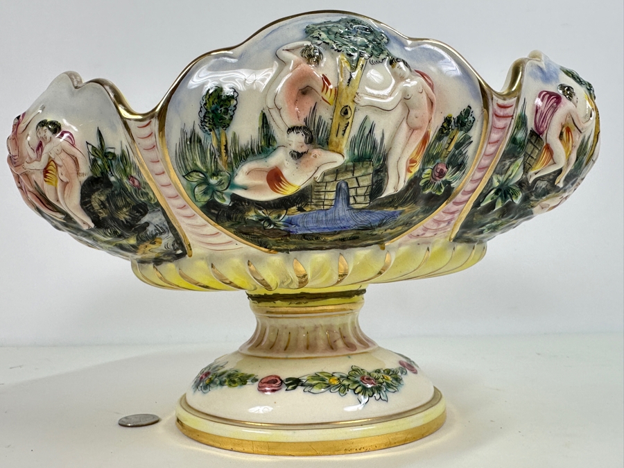 Large Vintage Signed Italian Capodimonte Footed Porcelain Hand Painted Pedestal Bowl 13.5W X 7H Slight Chip On Bottom Of Base [Photo 5]