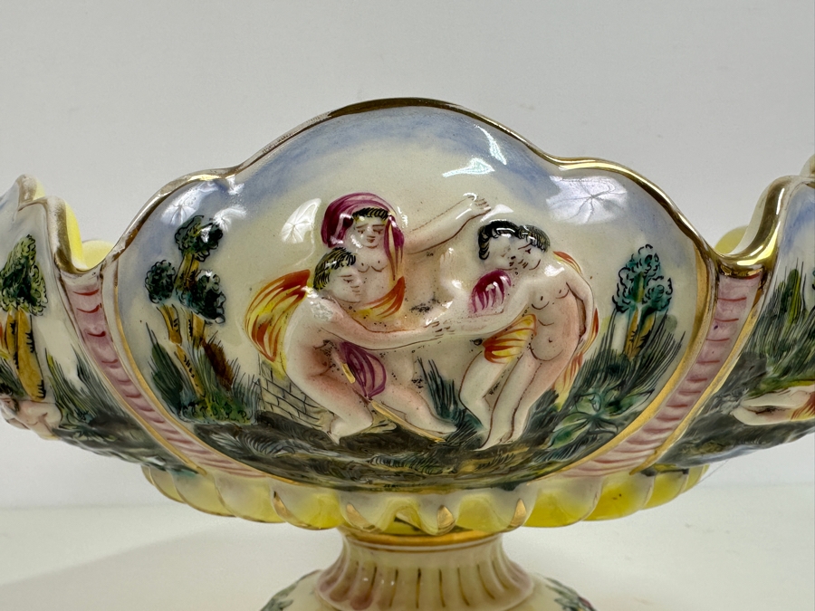 Large Vintage Signed Italian Capodimonte Footed Porcelain Hand Painted Pedestal Bowl 13.5W X 7H Slight Chip On Bottom Of Base [Photo 8]