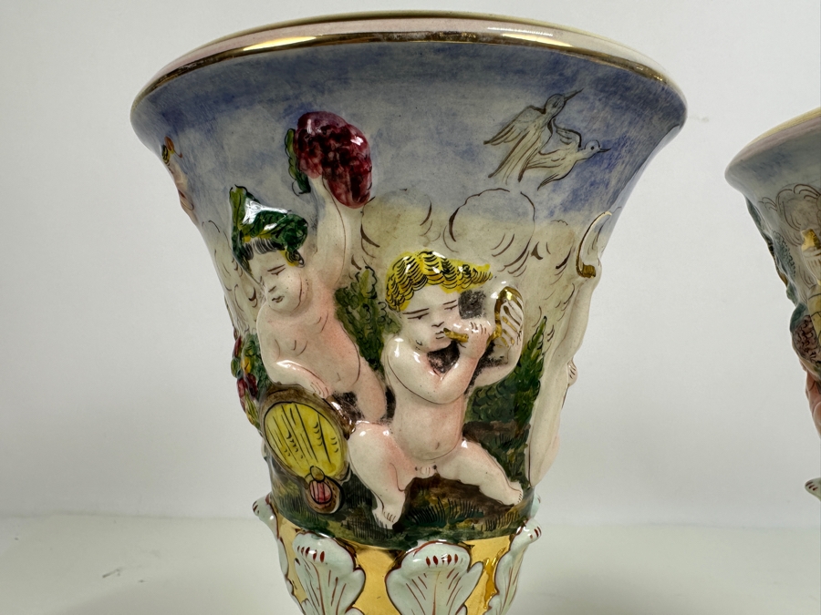 Pair Of Vintage Signed Italian Capodimonte Footed Porcelain Hand Painted Vases 9H [Photo 11]