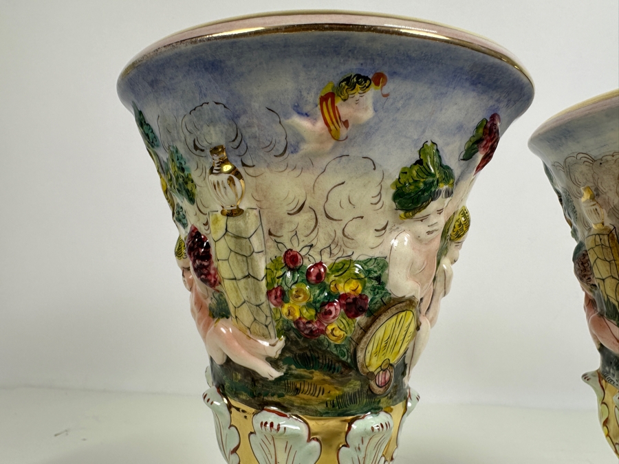 Pair Of Vintage Signed Italian Capodimonte Footed Porcelain Hand Painted Vases 9H [Photo 10]