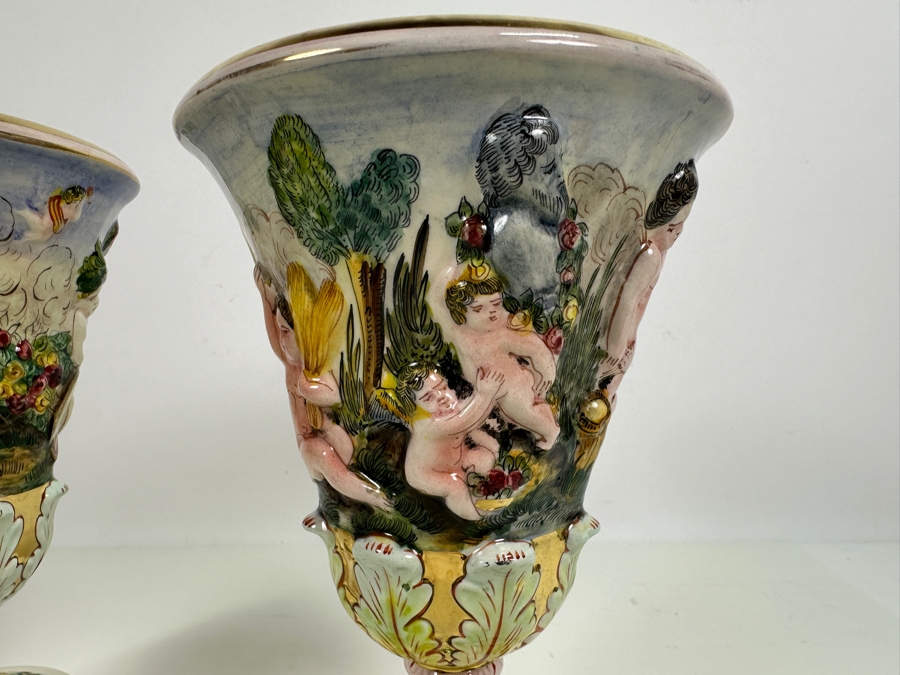 Pair Of Vintage Signed Italian Capodimonte Footed Porcelain Hand Painted Vases 9H [Photo 6]