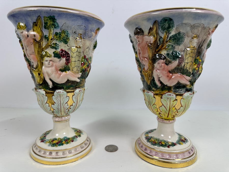 Pair Of Vintage Signed Italian Capodimonte Footed Porcelain Hand Painted Vases 9H [Photo 3]