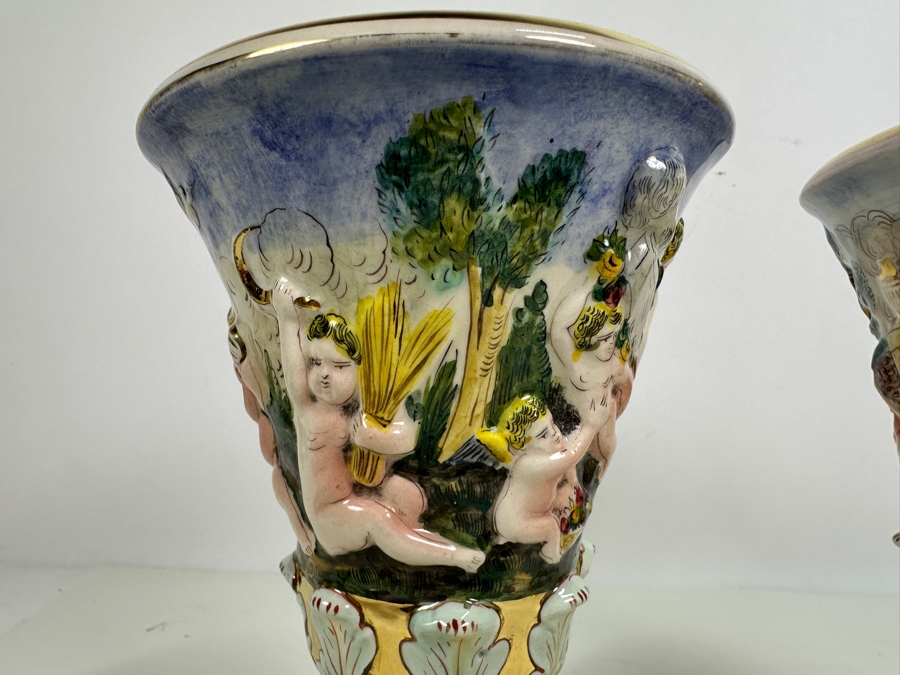 Pair Of Vintage Signed Italian Capodimonte Footed Porcelain Hand Painted Vases 9H [Photo 12]