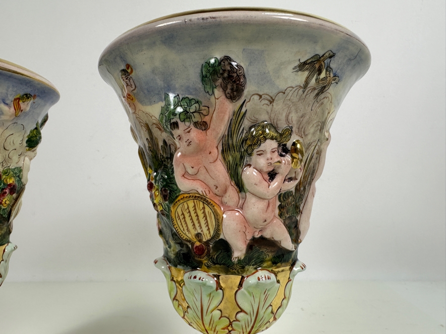 Pair Of Vintage Signed Italian Capodimonte Footed Porcelain Hand Painted Vases 9H [Photo 8]