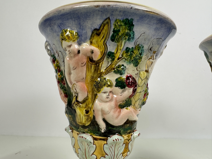 Pair Of Vintage Signed Italian Capodimonte Footed Porcelain Hand Painted Vases 9H [Photo 9]