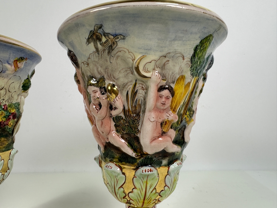 Pair Of Vintage Signed Italian Capodimonte Footed Porcelain Hand Painted Vases 9H [Photo 7]