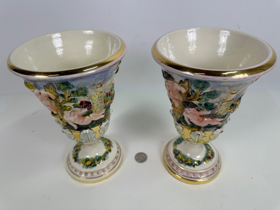 Pair Of Vintage Signed Italian Capodimonte Footed Porcelain Hand Painted Vases 9H [Photo 4]
