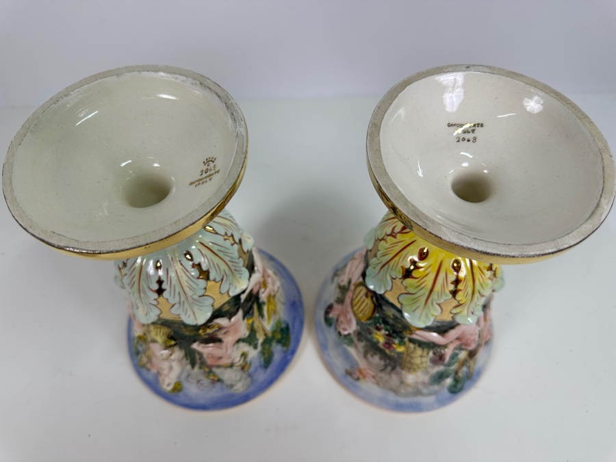 Pair Of Vintage Signed Italian Capodimonte Footed Porcelain Hand Painted Vases 9H [Photo 15]