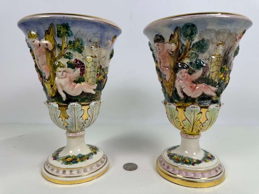 Pair Of Vintage Signed Italian Capodimonte Footed Porcelain Hand Painted Vases 9H [Photo 2]