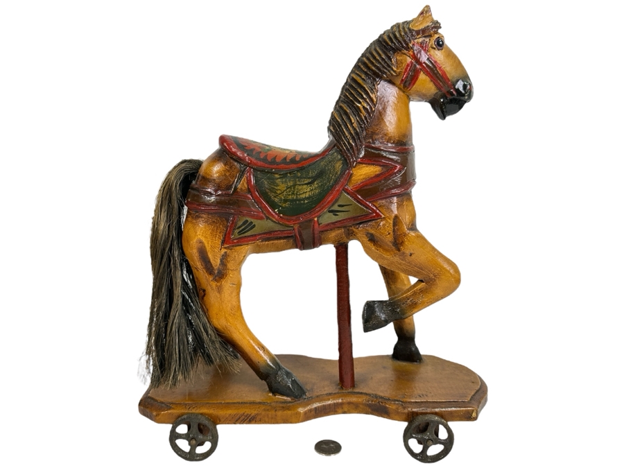 Decorative Reproduction Toy Horse On Metal Wheels 13W X 5D X 14H
