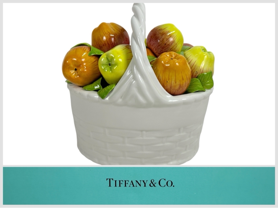 Tiffany & Co. Large Ceramic Hand Painted Centerpiece Fruit Basket With Original Box Made In Italy 10W X 7.5D X 12H