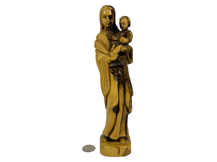 Carved Olive Wood Holy Land Jerusalem Sculpture Of Mary With Baby Jesus 10H
