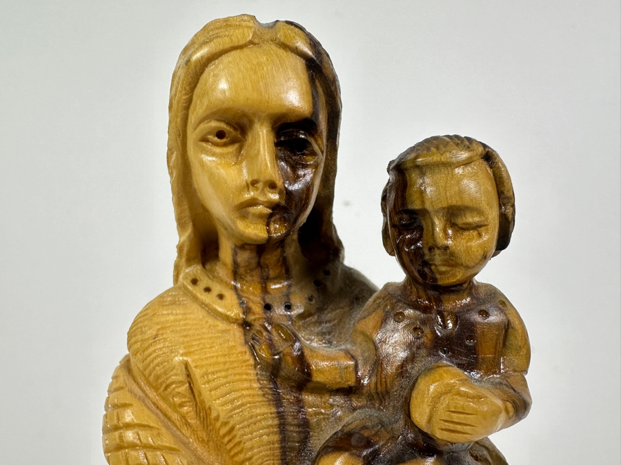 Carved Olive Wood Holy Land Jerusalem Sculpture Of Mary With Baby Jesus 10H [Photo 5]