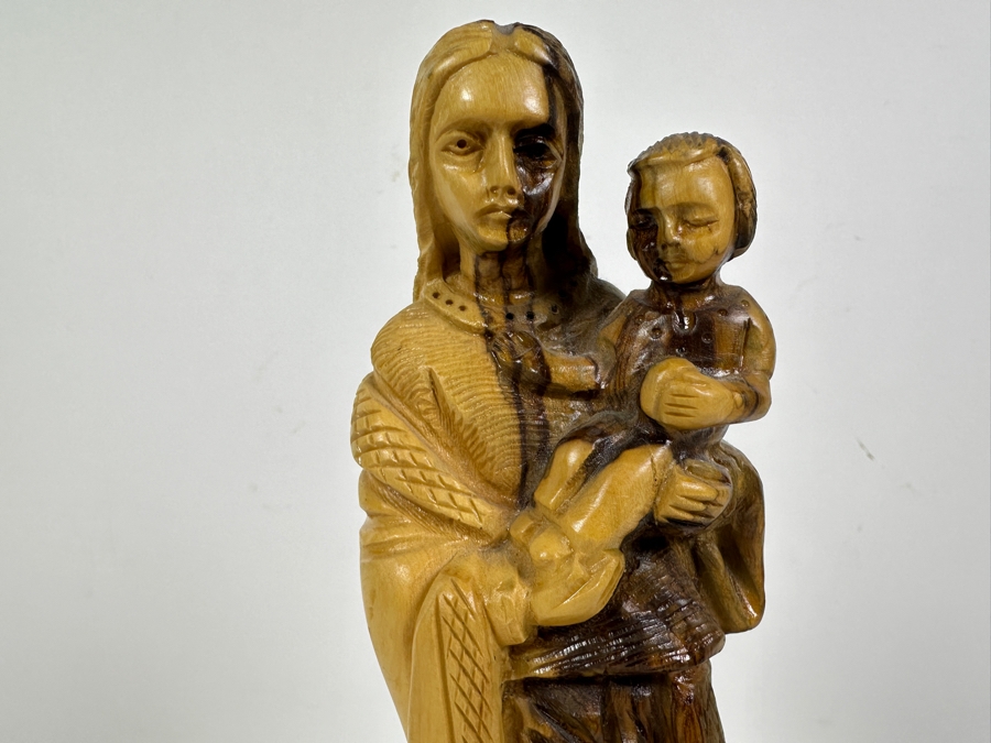Carved Olive Wood Holy Land Jerusalem Sculpture Of Mary With Baby Jesus 10H [Photo 3]