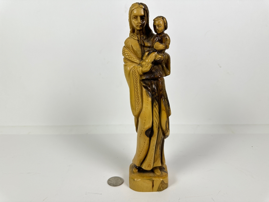 Carved Olive Wood Holy Land Jerusalem Sculpture Of Mary With Baby Jesus 10H [Photo 2]