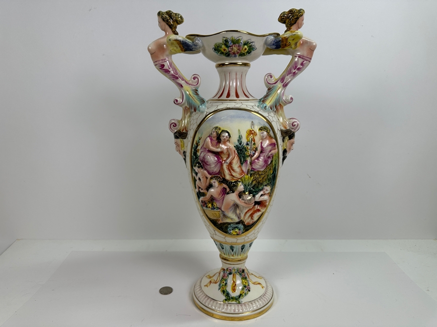 Impressive Large Vintage Signed Italian Capodimonte Footed Porcelain Hand Painted Pedestal Vase 19H [Photo 10]