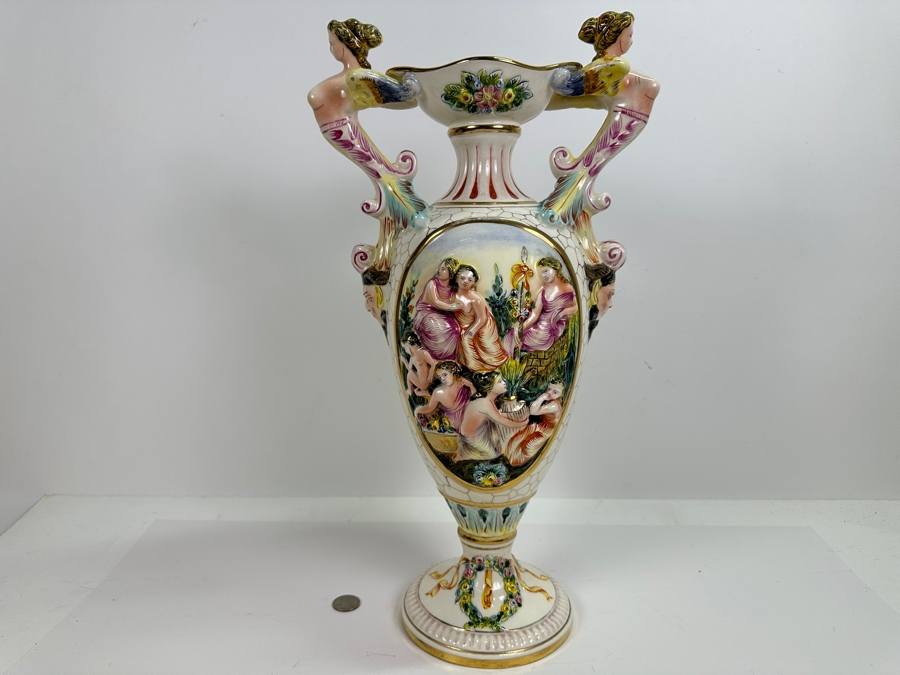 Impressive Large Vintage Signed Italian Capodimonte Footed Porcelain Hand Painted Pedestal Vase 19H [Photo 11]