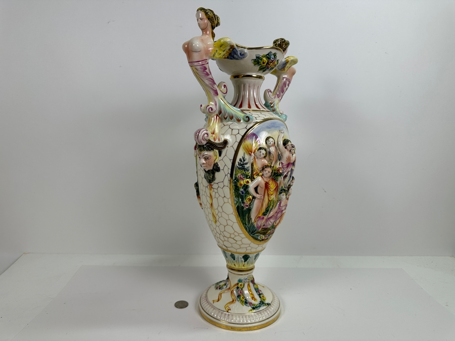 Impressive Large Vintage Signed Italian Capodimonte Footed Porcelain Hand Painted Pedestal Vase 19H [Photo 7]