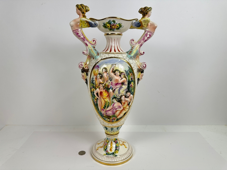 Impressive Large Vintage Signed Italian Capodimonte Footed Porcelain Hand Painted Pedestal Vase 19H [Photo 2]