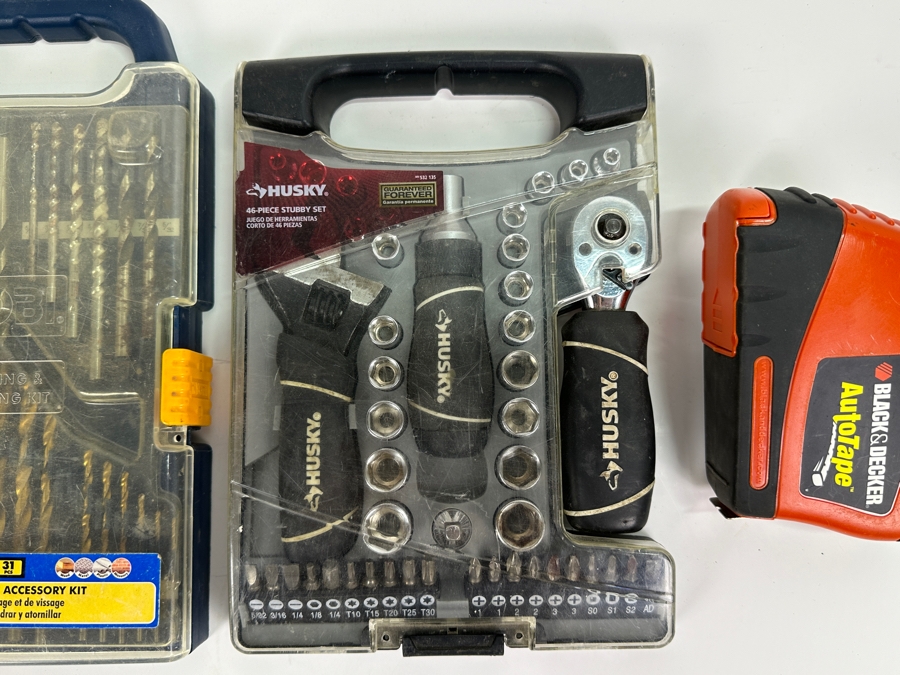 Tool Lot: Husky Tool Set, Ryobi Drilling And Driving Accessory Kit And Black & Decker Auto Tape Measure [Photo 2]