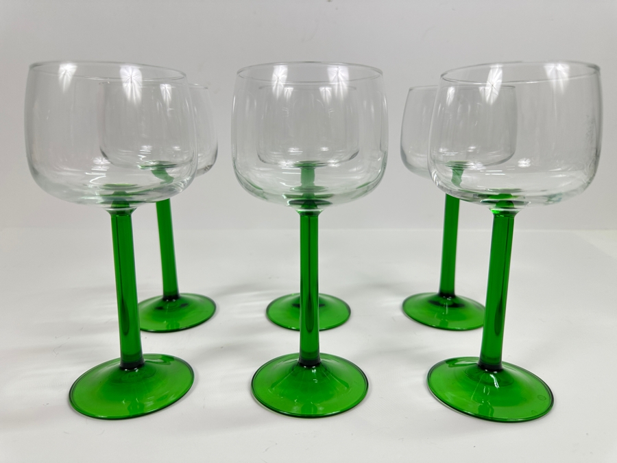 Set Of Six Luminarc Verrerie  D'arques Green Stemmed Wine Glasses France 7H [Photo 2]