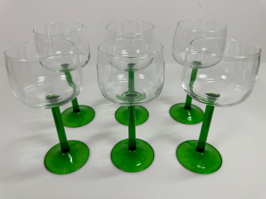 Set Of Six Luminarc Verrerie  D'arques Green Stemmed Wine Glasses France 7H [Photo 3]
