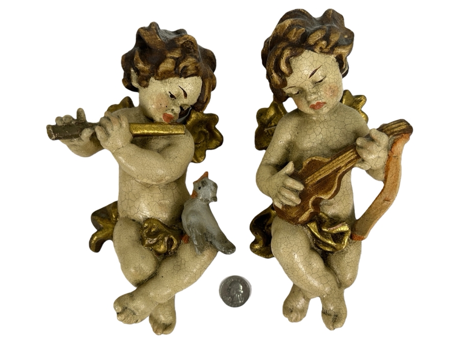 Pair Of Vintage Hand Painted Cherubs Wall Decor 9H [Photo 1]