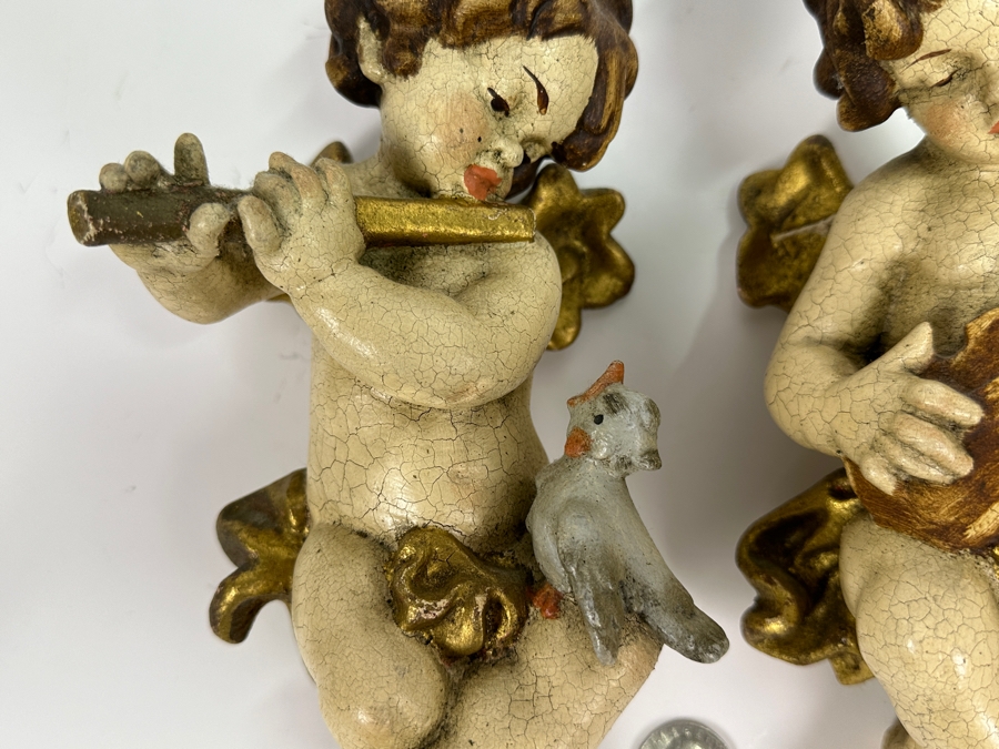 Pair Of Vintage Hand Painted Cherubs Wall Decor 9H [Photo 2]
