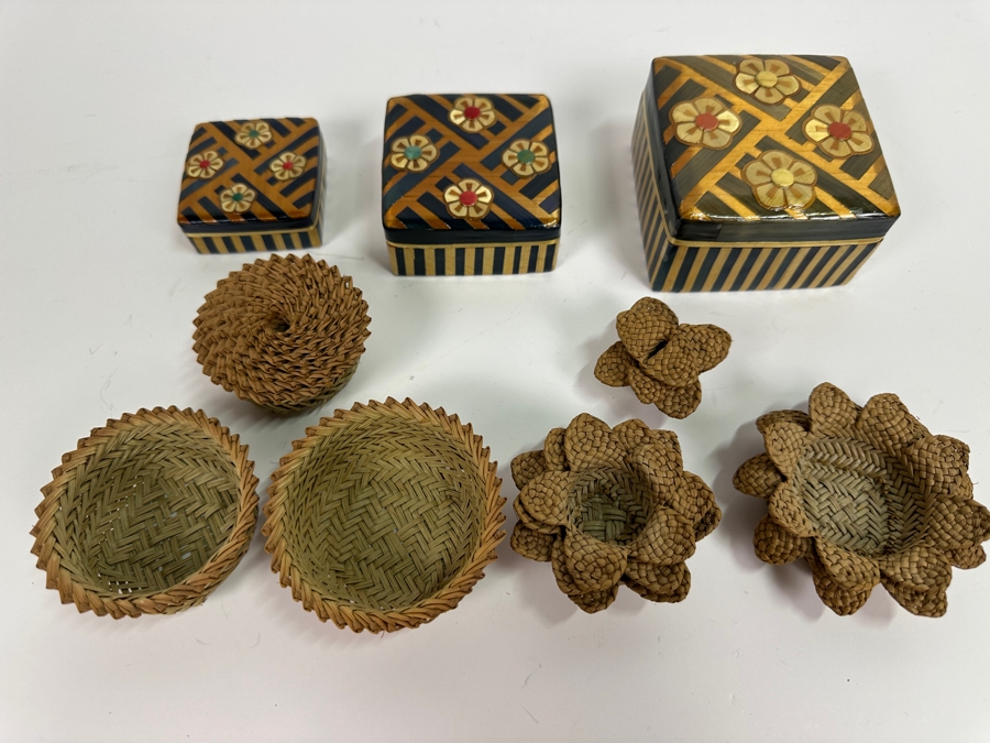 Pair Of Small Hand Woven Nesting Baskets And Handmade Nesting Boxes [Photo 2]