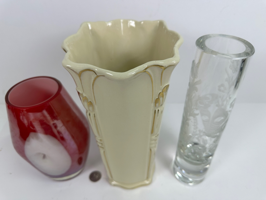 Pair Of Glass Vases And Pottery Vase 11H [Photo 3]