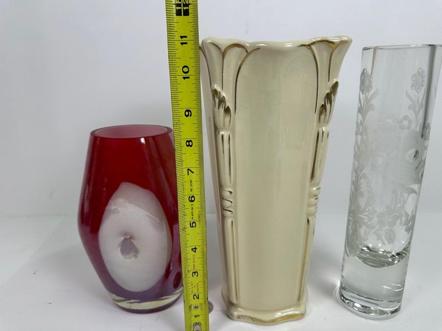 Pair Of Glass Vases And Pottery Vase 11H [Photo 5]