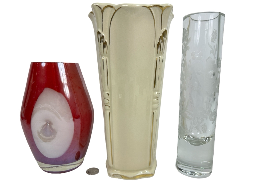 Pair Of Glass Vases And Pottery Vase 11H [Photo 1]