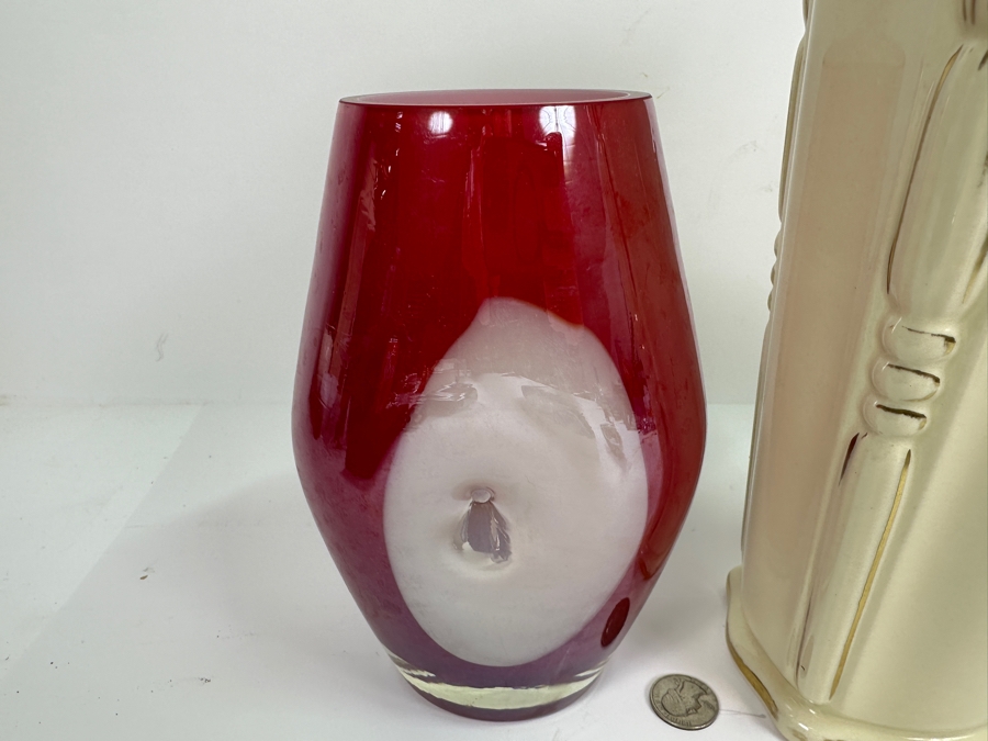 Pair Of Glass Vases And Pottery Vase 11H [Photo 2]