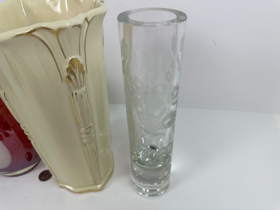 Pair Of Glass Vases And Pottery Vase 11H [Photo 4]