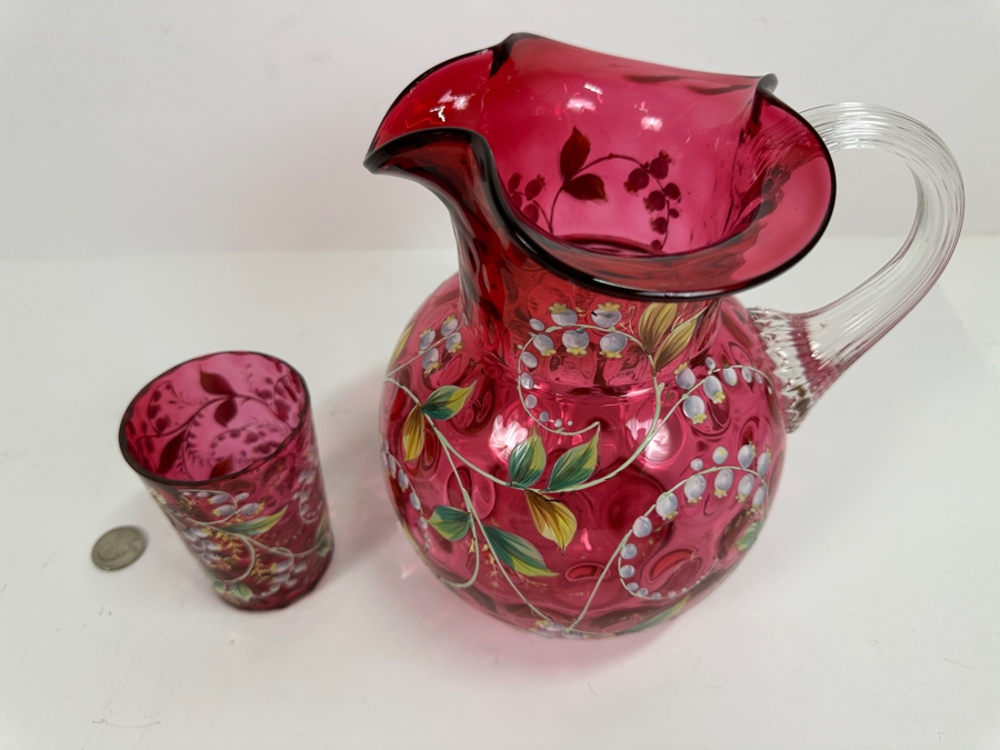 Vintage Fenton Cranberry Floral Hand Painted Pitcher 8.5H With Matching Glass [Photo 2]