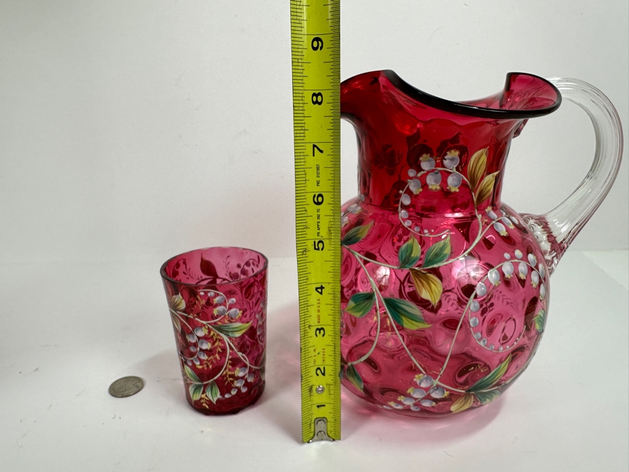 Vintage Fenton Cranberry Floral Hand Painted Pitcher 8.5H With Matching Glass [Photo 3]