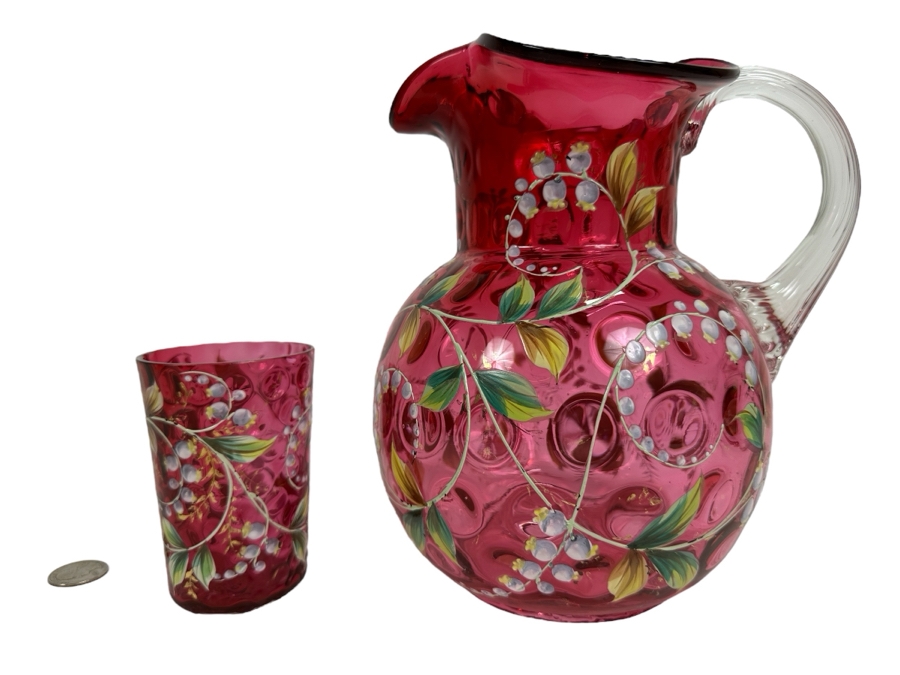 Vintage Fenton Cranberry Floral Hand Painted Pitcher 8.5H With Matching Glass [Photo 1]