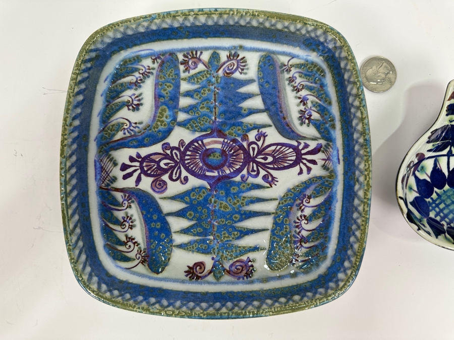 Signed Marianne Johanson For Royal Copenhagen Denmark: Square Dish In Faience 412/2883 And Spoon Rest 145/2898 [Photo 3]