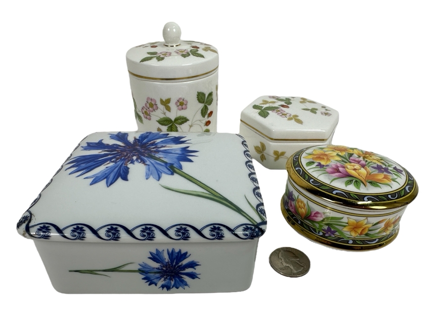 Collection Of Four Porcelain Boxes: (1) T. Limoges, (2) Wedgwood Bone China Wild Strawberry & (1) Ayshford Fine Bone China Staffordshire England Spring Flowers [Photo 1]