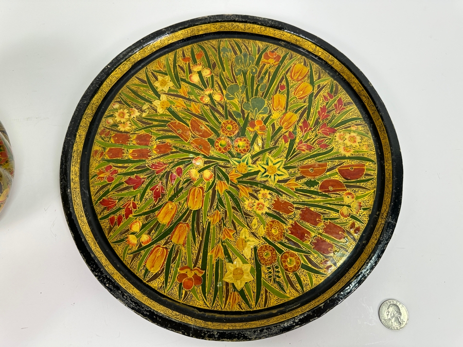 Vintage Hand Painted Russian Lobed Bowl Copper Lined With Matching Round Tray 12W [Photo 4]