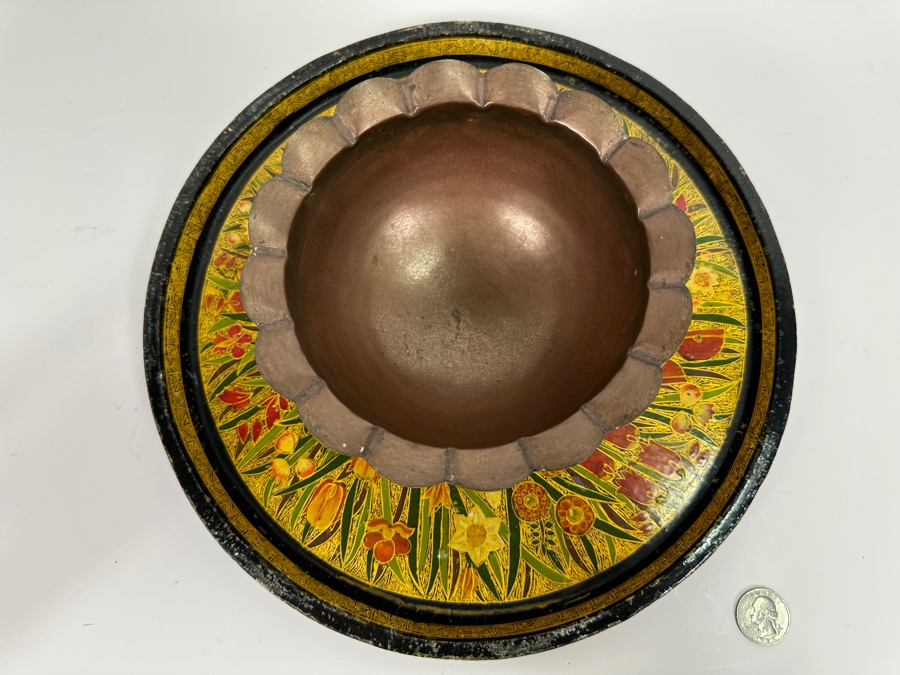 Vintage Hand Painted Russian Lobed Bowl Copper Lined With Matching Round Tray 12W [Photo 3]