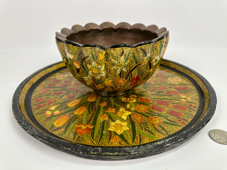 Vintage Hand Painted Russian Lobed Bowl Copper Lined With Matching Round Tray 12W [Photo 2]