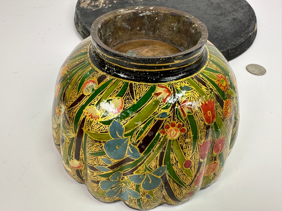 Vintage Hand Painted Russian Lobed Bowl Copper Lined With Matching Round Tray 12W [Photo 7]