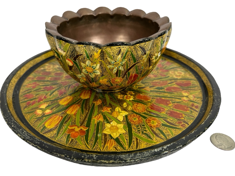 Vintage Hand Painted Russian Lobed Bowl Copper Lined With Matching Round Tray 12W [Photo 1]