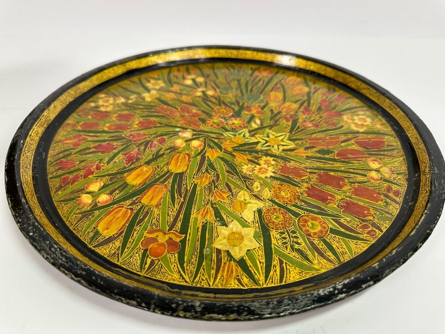 Vintage Hand Painted Russian Lobed Bowl Copper Lined With Matching Round Tray 12W [Photo 5]
