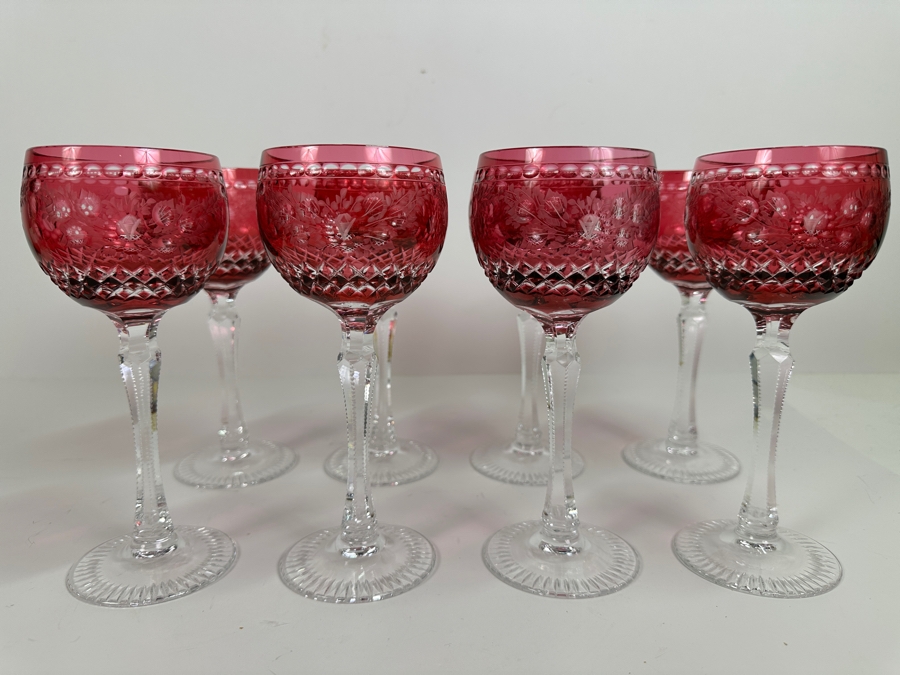 Set Of Eight Red Cut Crystal Stemware Glasses 7 5/8'H [Photo 2]
