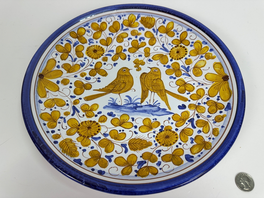 Vintage Italian Deruta Hand Painted Wall Plate With Pair Of Birds And Flowers 12H [Photo 2]
